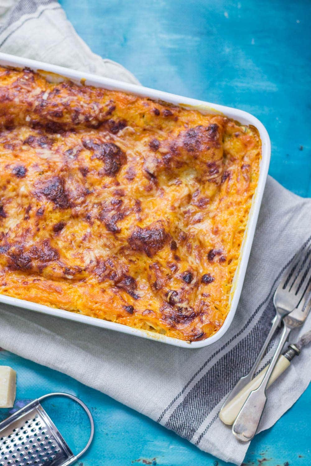 This vegetarian twist on a classic pasta dish is the perfect comfort food! This four cheese butternut squash lasagne is layered with spinach and mushrooms. #lasagne #lasagna #squash #pasta #dinner