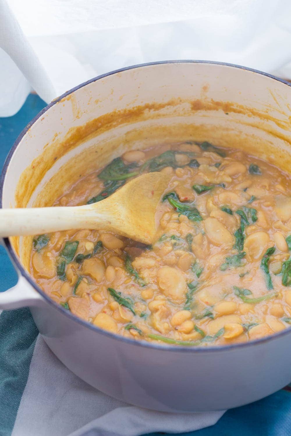 Beans are cooked with bacon, garlic & chicken stock to make this tasty white bean stew. Topped with a homemade pesto for a comforting winter dinner. 