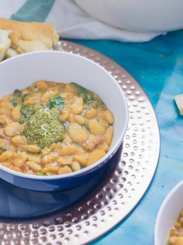 Beans are cooked with bacon, garlic & chicken stock to make this tasty white bean stew. Topped with a homemade pesto for a comforting winter dinner.