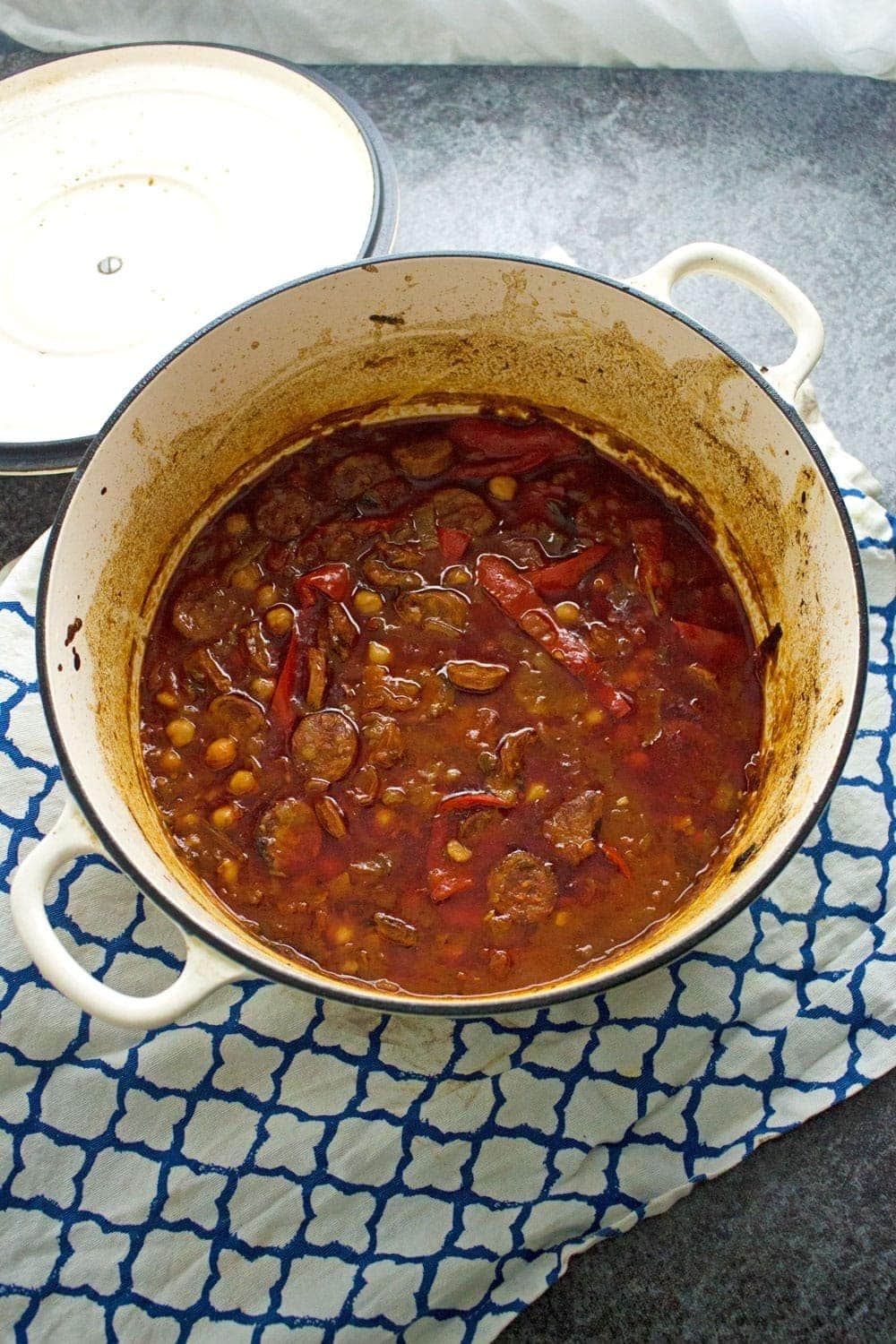 This chorizo and chickpea stew is deliciously herby and spicy. Try and cook it as long as you can, the chorizo will melt in your mouth and taste amazing!