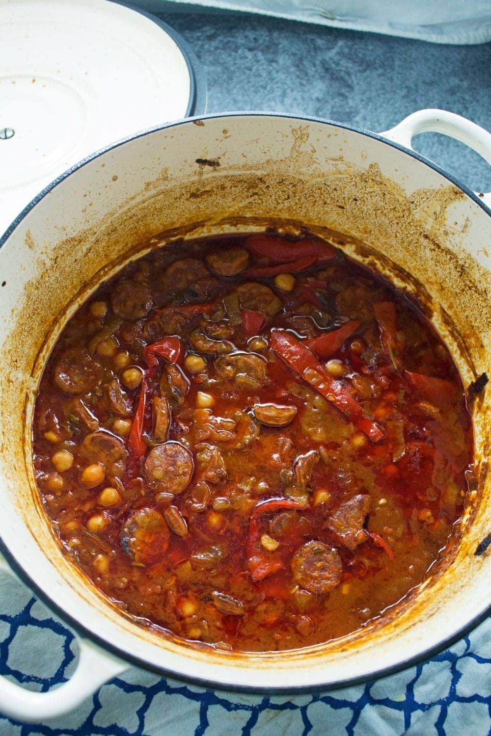 This chorizo and chickpea stew is deliciously herby and spicy. Try and cook it as long as you can, the chorizo will melt in your mouth and taste amazing!