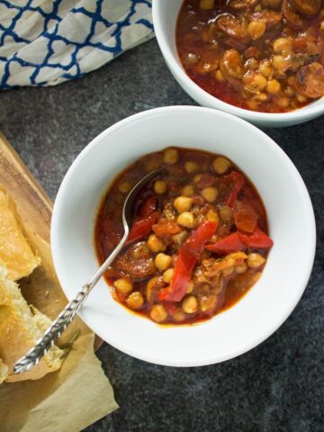 This chorizo and chickpea stew is deliciously herby and spicy. Try and cook it as long as you can, the chorizo will melt in your mouth and taste amazing!