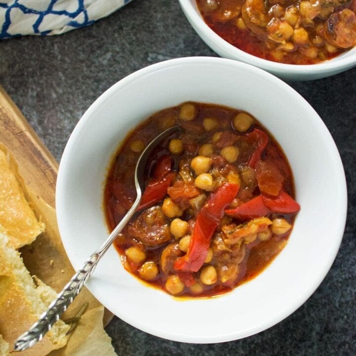 This chorizo and chickpea stew is deliciously herby and spicy. Try and cook it as long as you can, the chorizo will melt in your mouth and taste amazing!