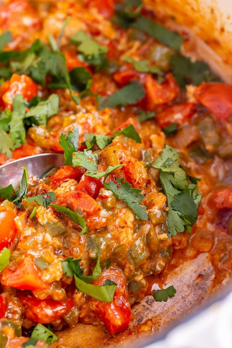 Close up of Turkish scrambled eggs with a spoon