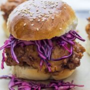 Oh man, fried chicken is just the best isn't it? Especially these buttermilk fried chicken sandwiches with cabbage slaw and sriracha mayo!