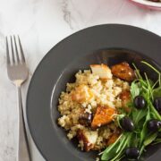 This vibrant halloumi, sweet potato and bulgur wheat salad is full of saltiness from the halloumi and olives and creamy sweetness from the sweet potato.