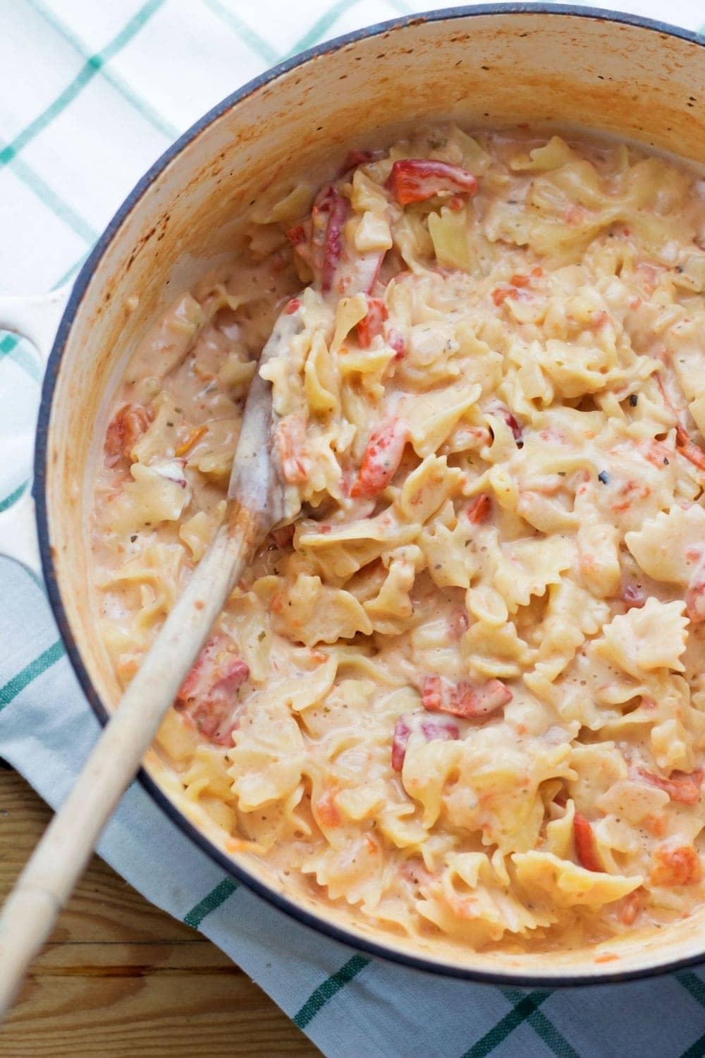 Overhead shot of roasted red pepper pasta in a pot 