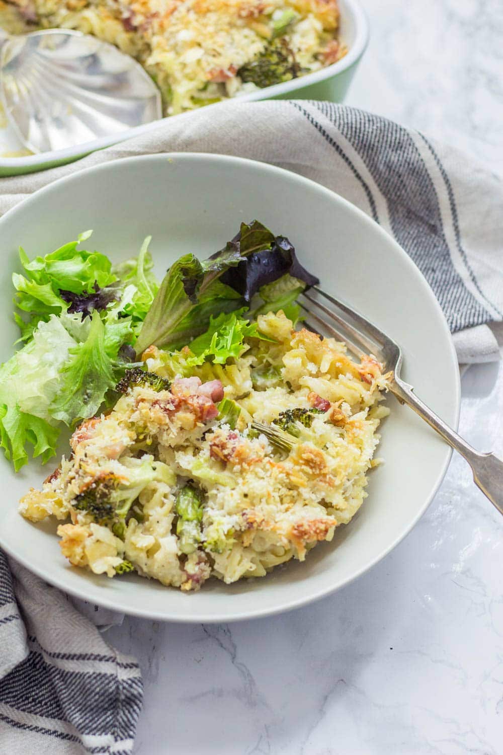 This asparagus & pancetta baked pasta is a perfect family dinner which also makes great leftovers eaten cold the next day.