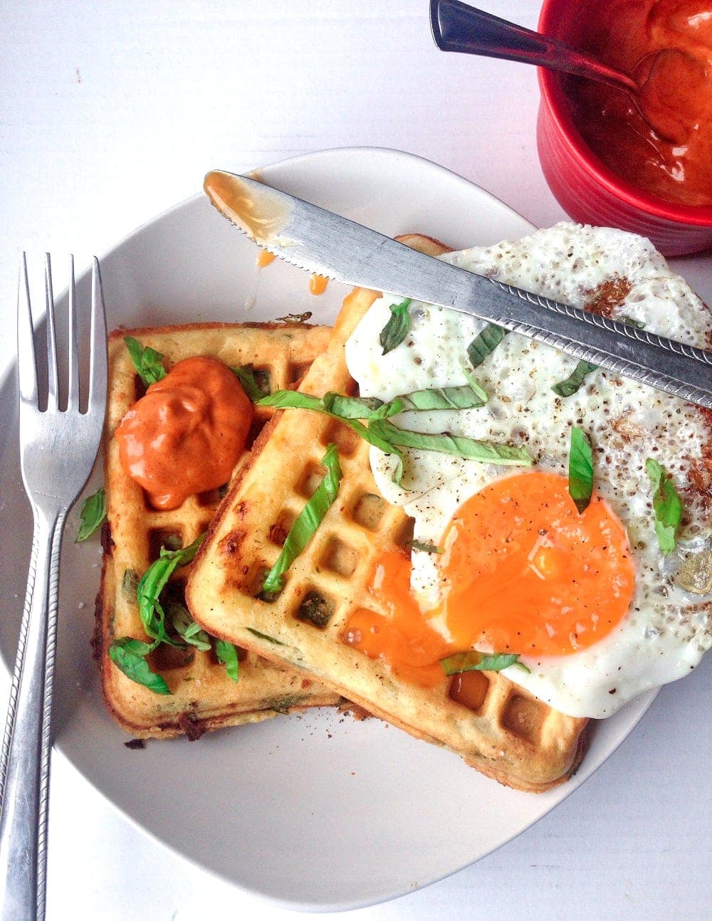 These feta, spinach & chorizo waffles make a perfect meal at any time of day. Top them with a fried egg for a filling breakfast, lunch or dinner.