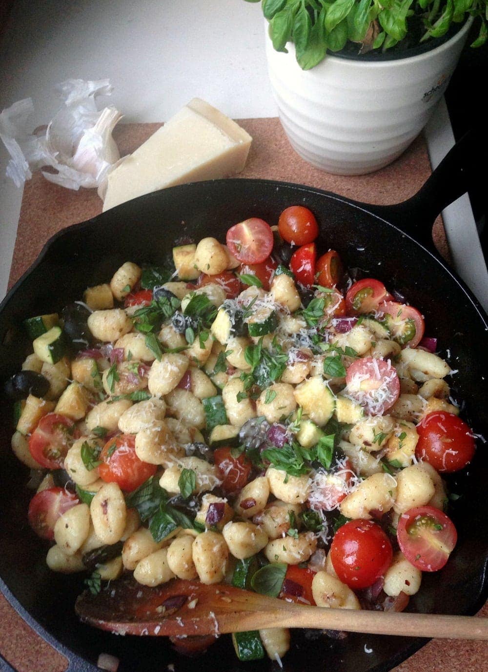 This summer gnocchi skillet is full of fresh vegetables and chewy pillows of gnocchi. It only takes one pan and can come together in half an hour.