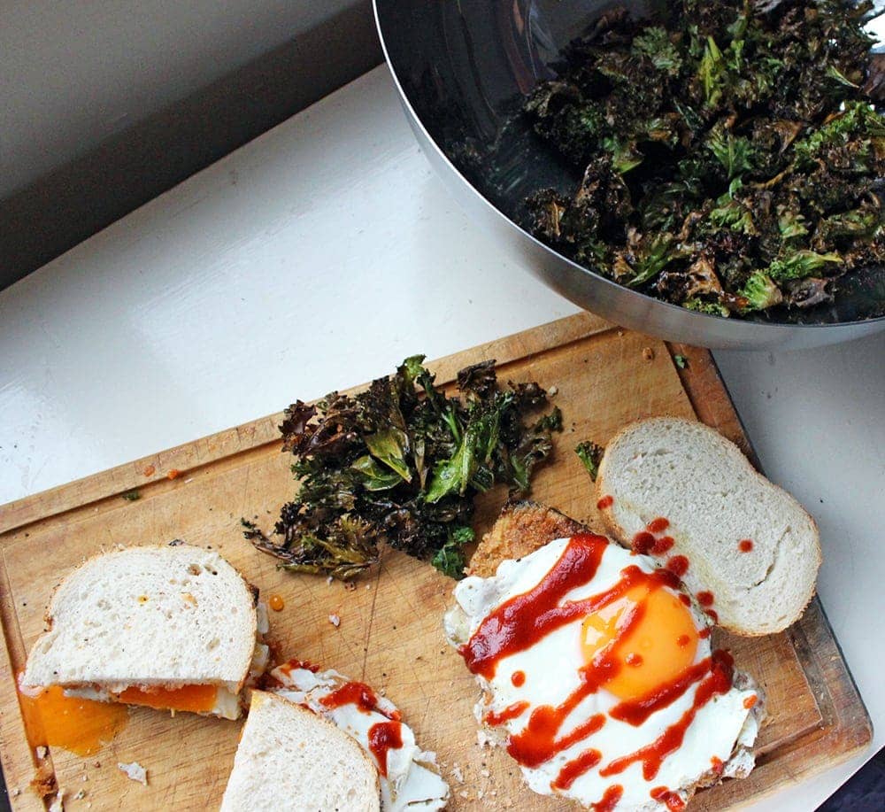 This panko aubergine & egg sandwich with kale chips is a delicious vegetarian meal which works at any time of day.