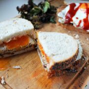 This Panko Aubergine & Egg Sandwich with kale chips is a delicious vegetarian meal which works at any time of day .