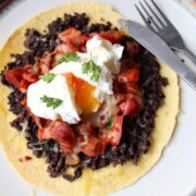 This chorizo huevos rancheros is a super easy breakfast which still feels like such a treat! It includes a super quick refried bean substitute and loads of flavour from the chorizo.
