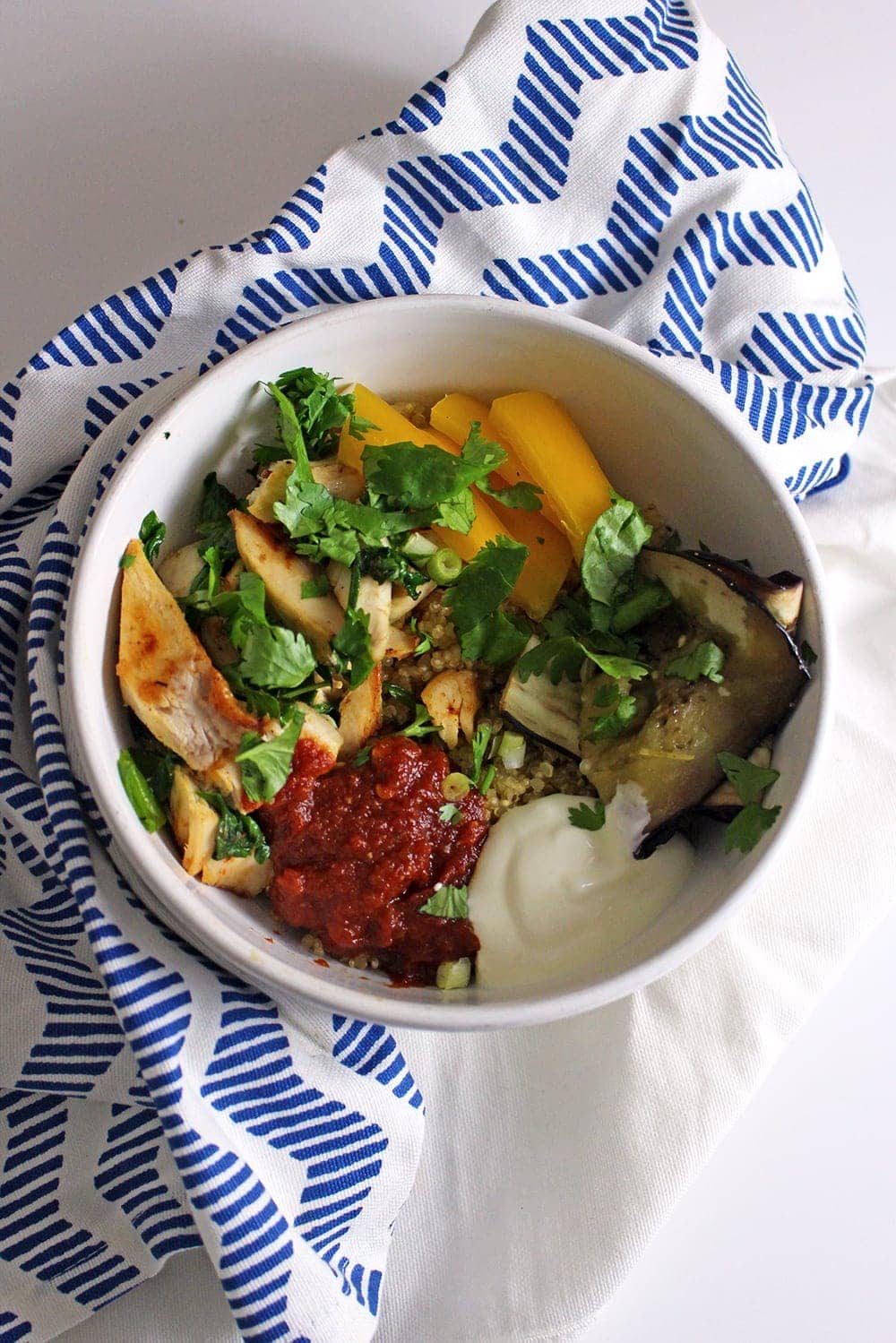 These chipotle chicken quinoa bowls are perfect for using up leftover roast chicken. A simple and healthy dinner, use any veg you have and make it your own.