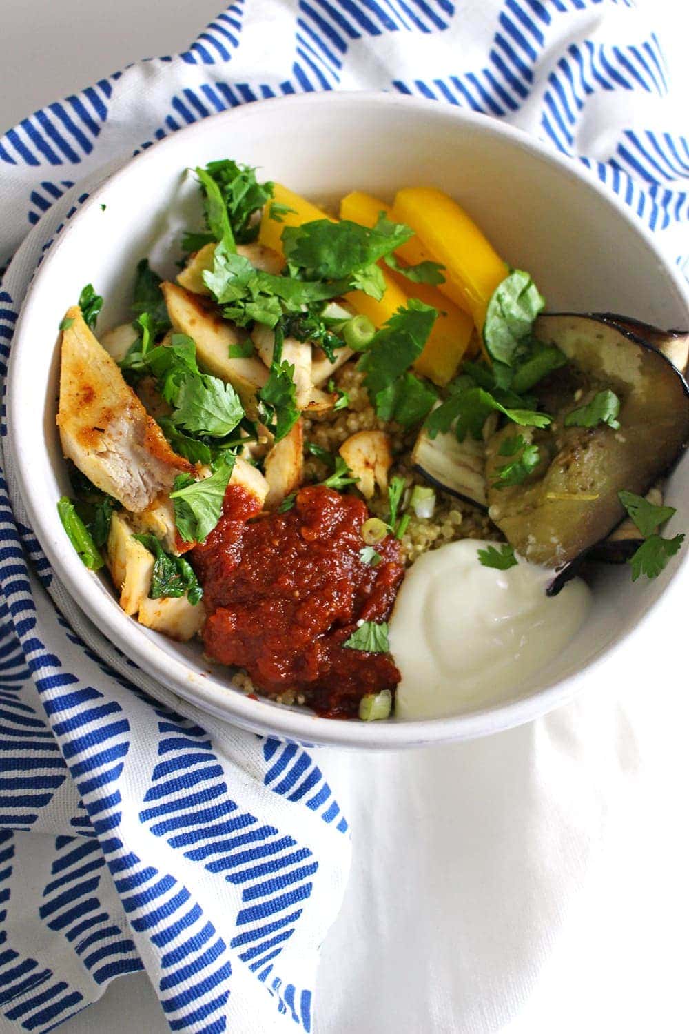 These chipotle chicken quinoa bowls are perfect for using up leftover roast chicken. A simple and healthy dinner, use any veg you have and make it your own.