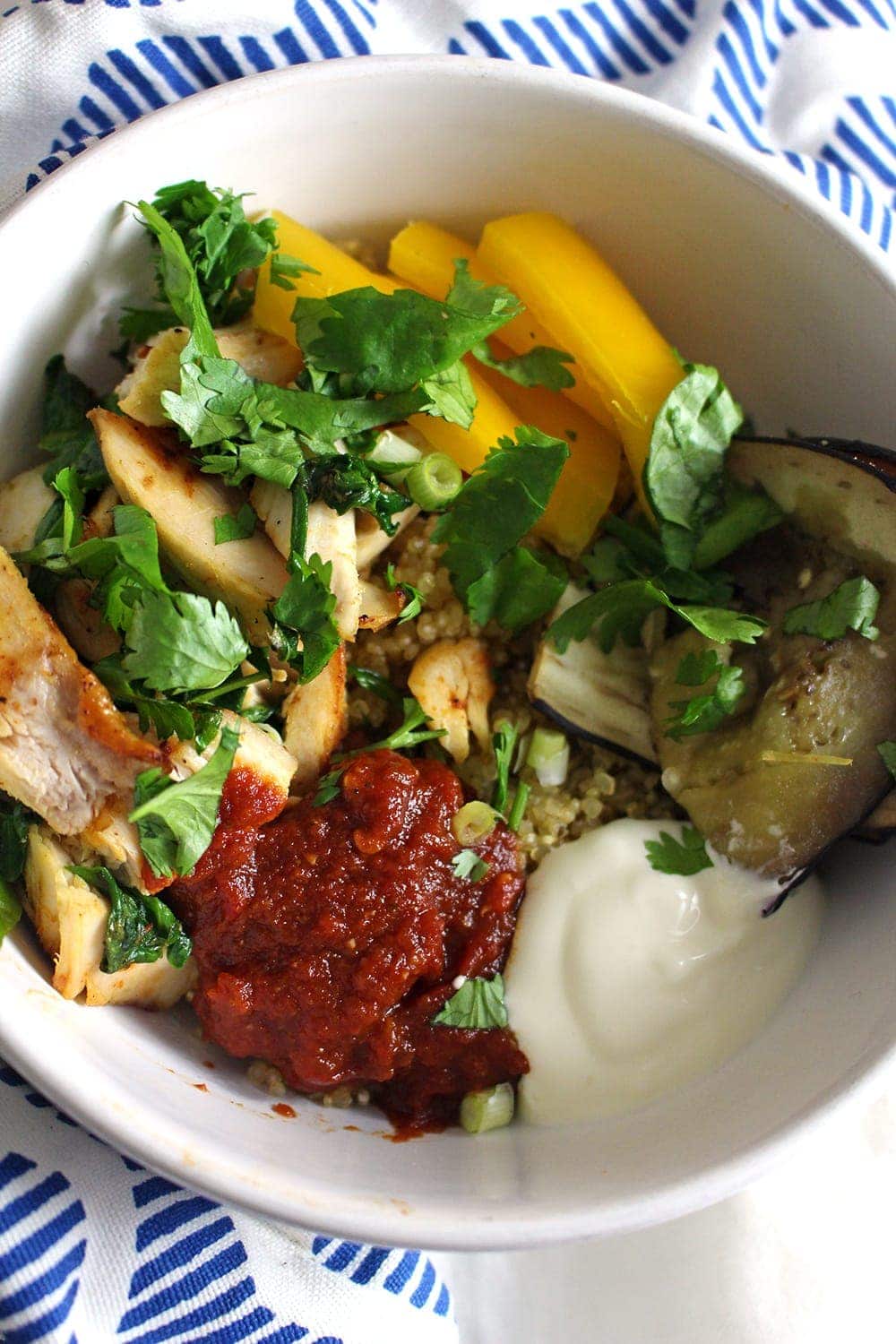 These chipotle chicken quinoa bowls are perfect for using up leftover roast chicken. A simple and healthy dinner, use any veg you have and make it your own.