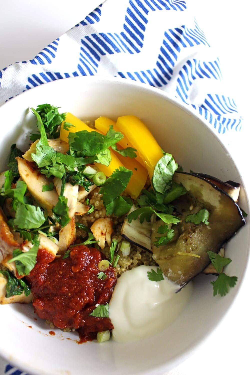 These chipotle chicken quinoa bowls are perfect for using up leftover roast chicken. A simple and healthy dinner, use any veg you have and make it your own.