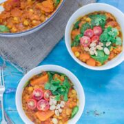 This peanut and sweet potato stew is spicy, filling and delicious. Add all your favourite toppings and serve with a healthy portion of rice or other grain.