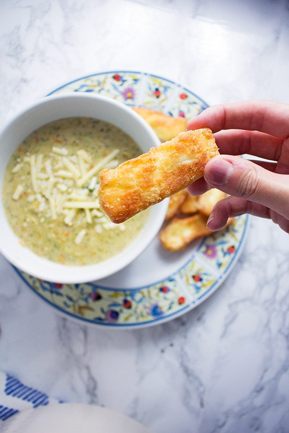 Can you ever have too much cheese? These crispy halloumi fries are the perfect thing to dip into this indulgent broccoli cheese soup. 