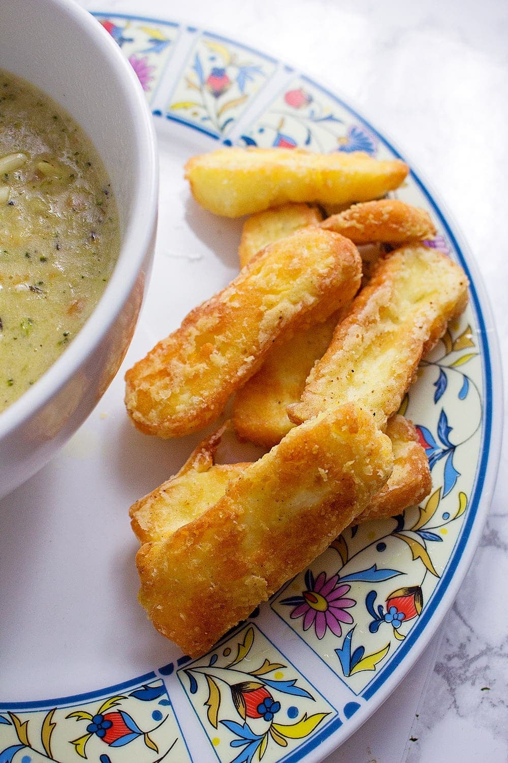 Can you ever have too much cheese? These crispy halloumi fries are the perfect thing to dip into this indulgent broccoli cheese soup. 
