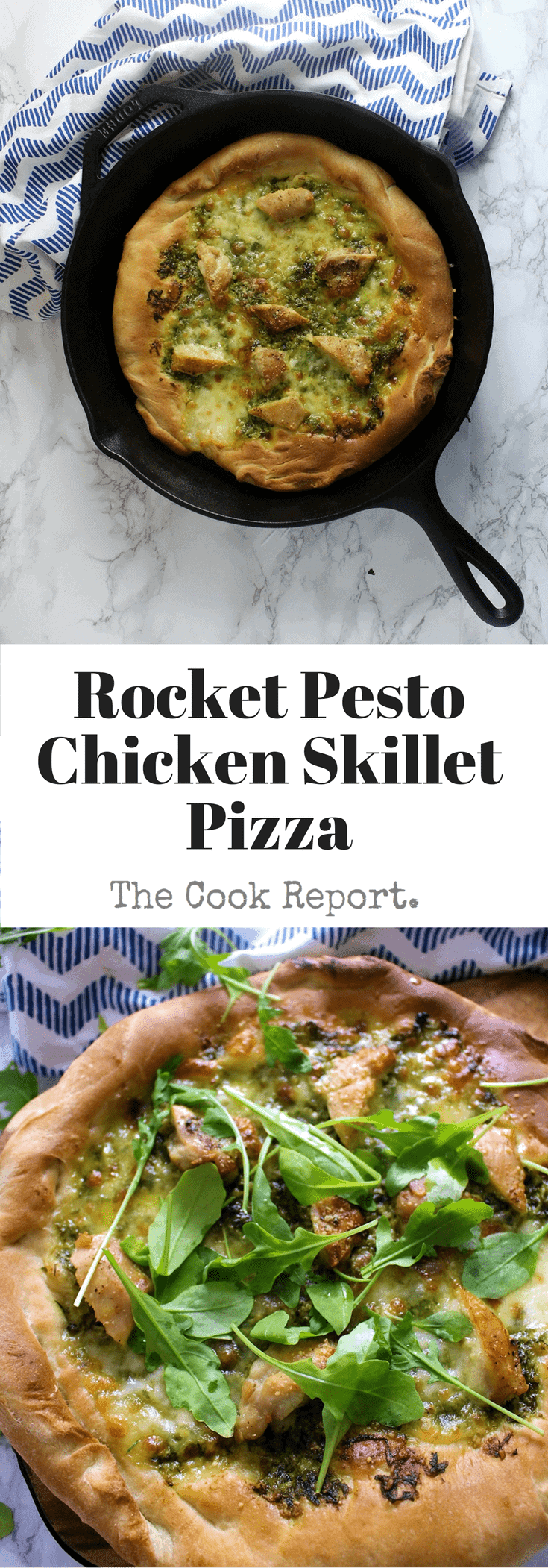 This rocket pesto chicken skillet pizza is a brilliant variation on a classic pizza. With a pesto base and a layer of mozzarella surrounding bits of chicken.