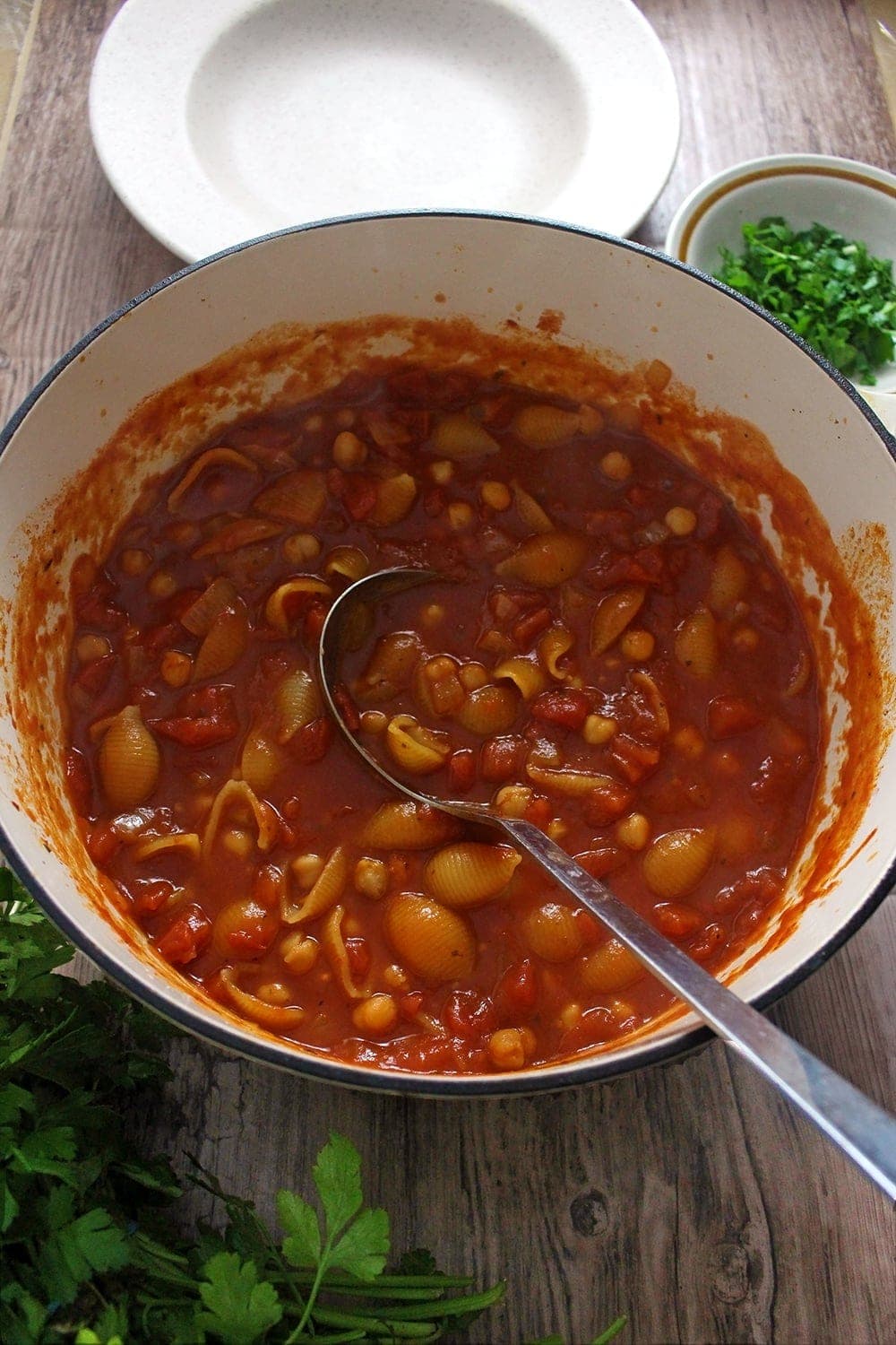 This pasta & chickpea soup is a filling dinner especially topped with these incredible cheesy toasts. Add a sprinkling of parmesan for a burst of flavour!