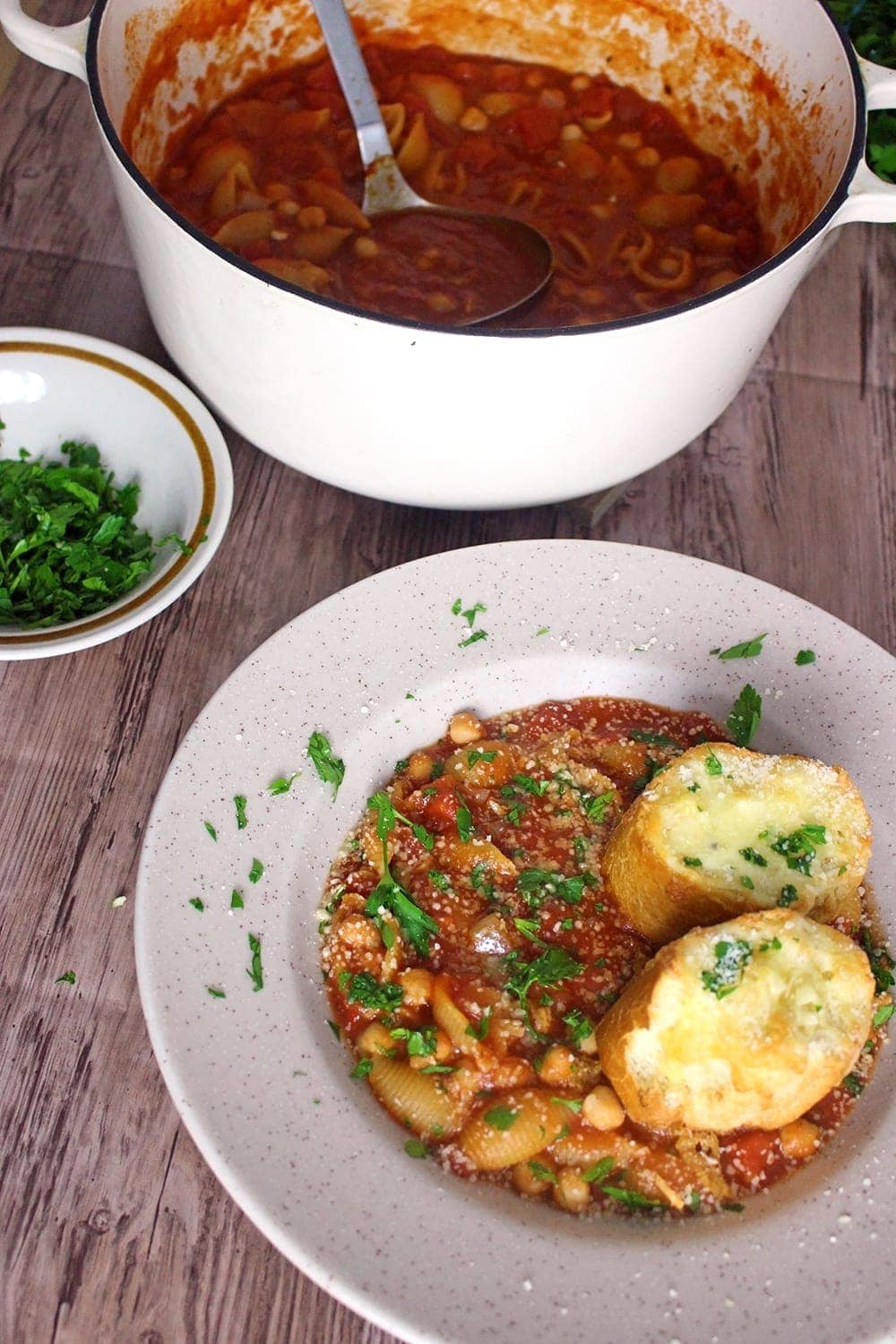 This pasta & chickpea soup is a filling dinner especially topped with these incredible cheesy toasts. Add a sprinkling of parmesan for a burst of flavour!