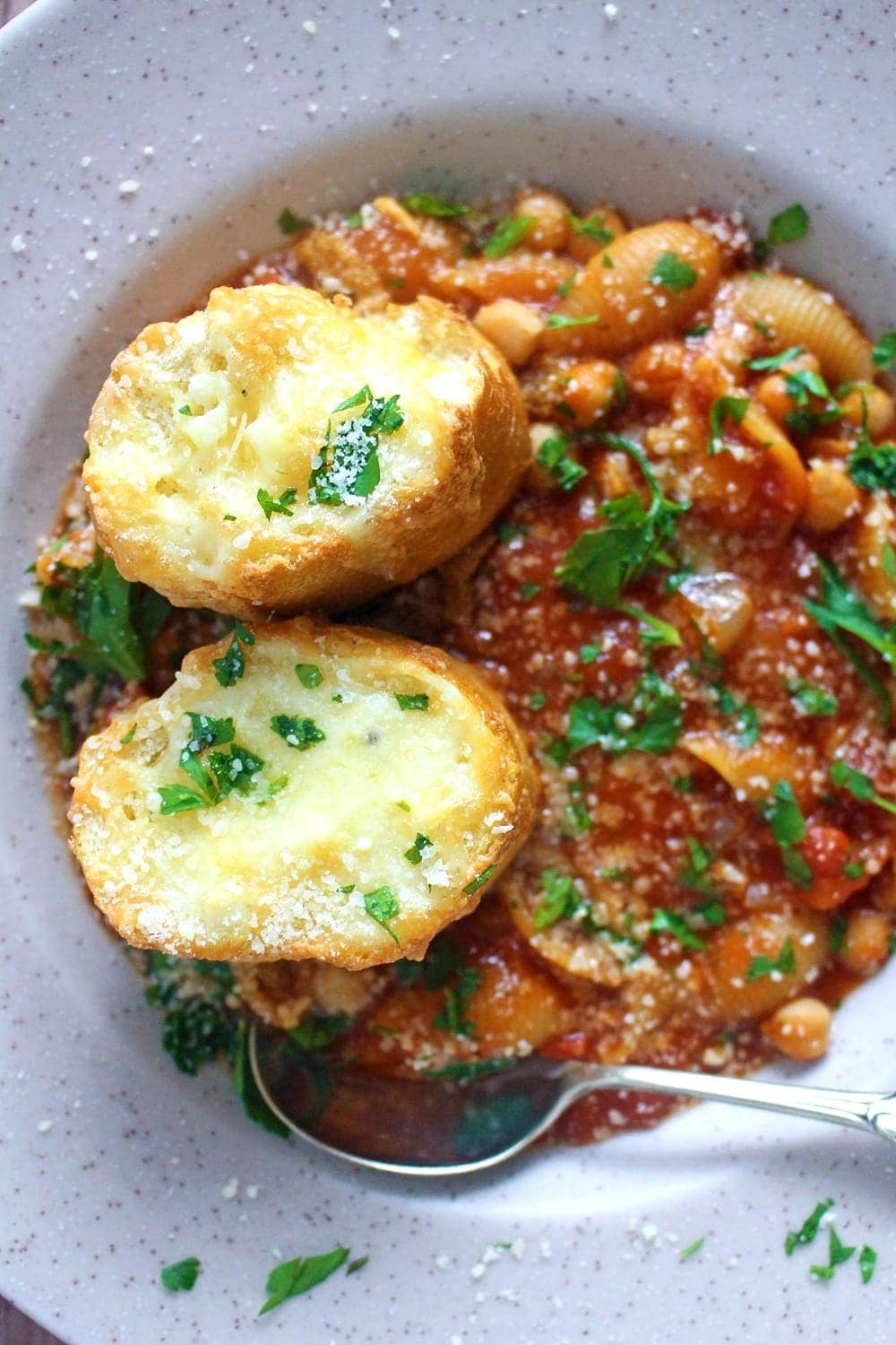 This pasta & chickpea soup is a filling dinner especially topped with these incredible cheesy toasts. Add a sprinkling of parmesan for a burst of flavour!