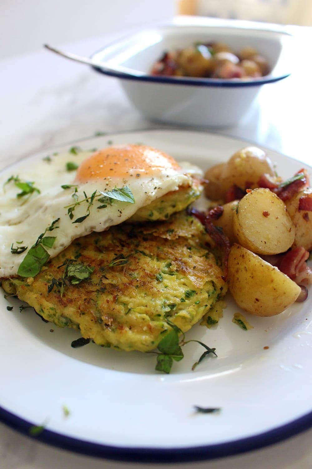 These courgette fritters get a kick from pecorino and chilli flakes. They work perfectly alongside crispy fried potato & bacon and topped with a fried egg!