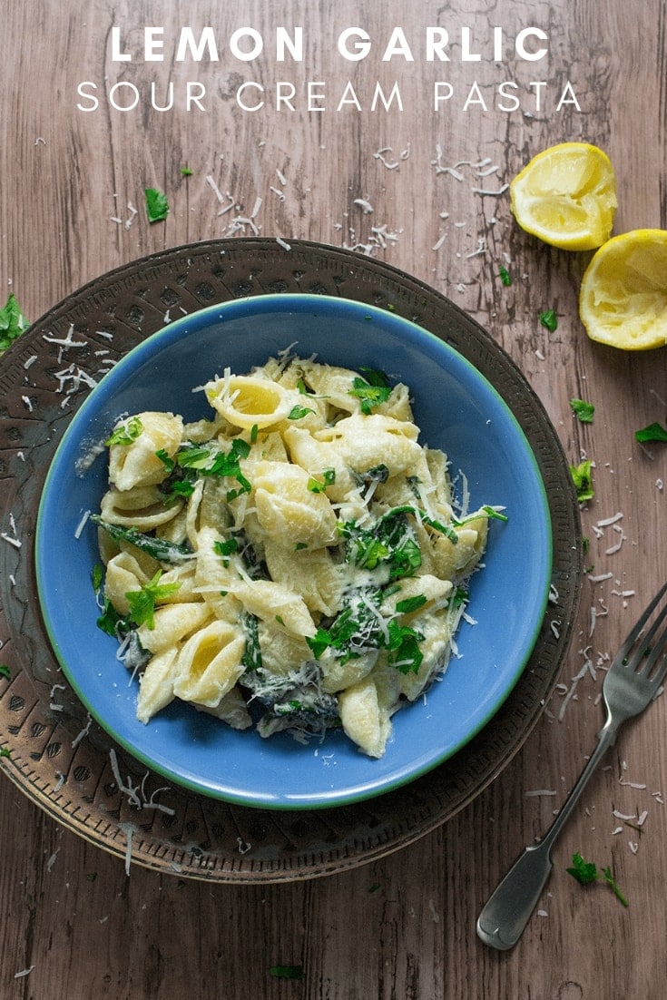 Pinterest image for lemon garlic sour cream pasta with text overlay