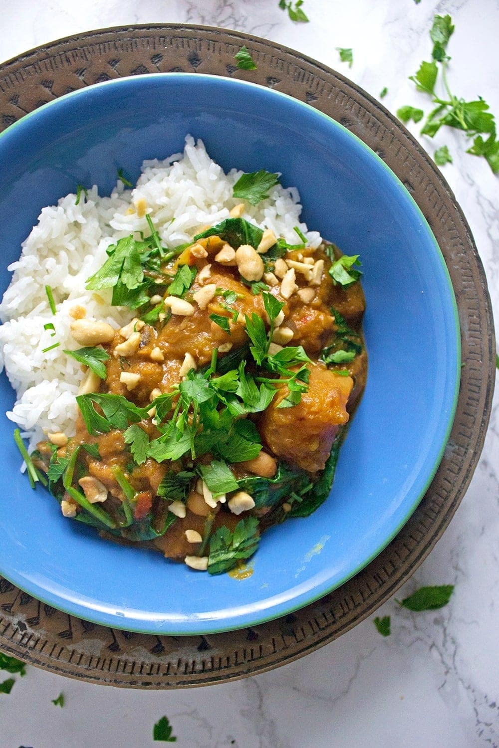 This butternut squash peanut stew is a great winter warmer. The peanut gives it a wonderful creaminess which you won't be able to get enough of!