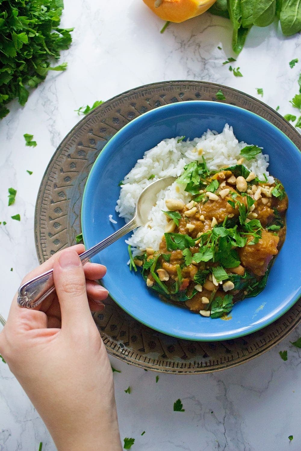 This butternut squash peanut stew is a great winter warmer. The peanut gives it a wonderful creaminess which you won't be able to get enough of!