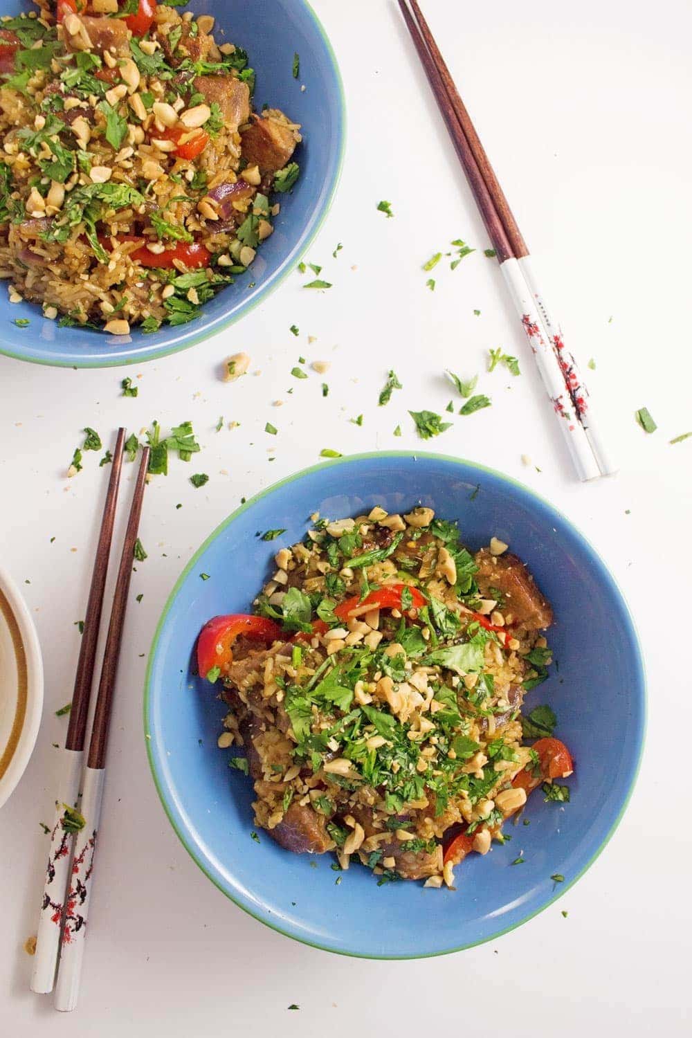 This caramelised pork stir fry is filled with crispy pork, a sweet, sticky sauce and topped with a good sprinkling of chopped peanuts.