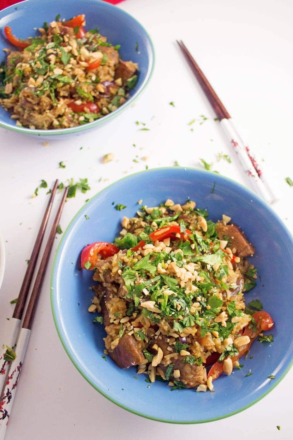 This caramelised pork stir fry is filled with crispy pork, a sweet, sticky sauce and topped with a good sprinkling of chopped peanuts.