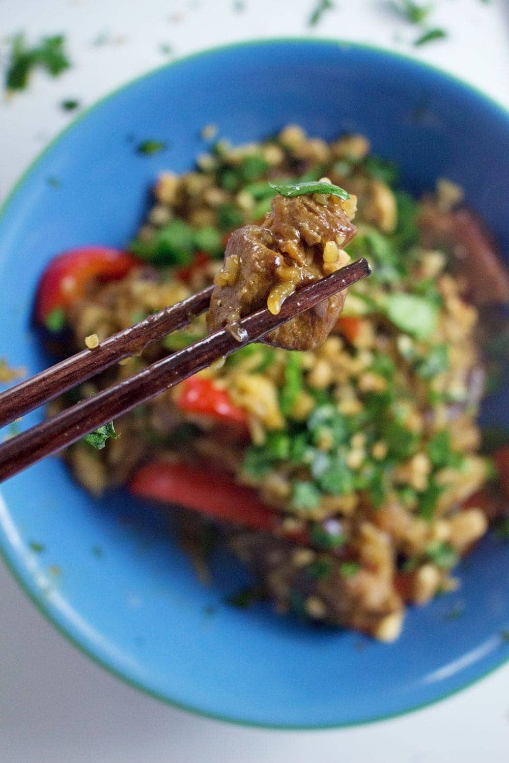 This caramelised pork stir fry is filled with crispy pork, a sweet, sticky sauce and topped with a good sprinkling of chopped peanuts.