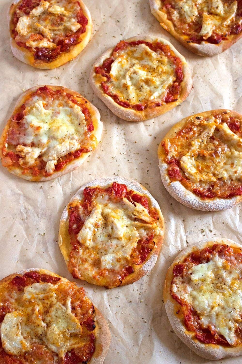 Try out these super cute mini pizzas. You could have chicken or pesto and mozzarella. Or even better, how about one of each?!