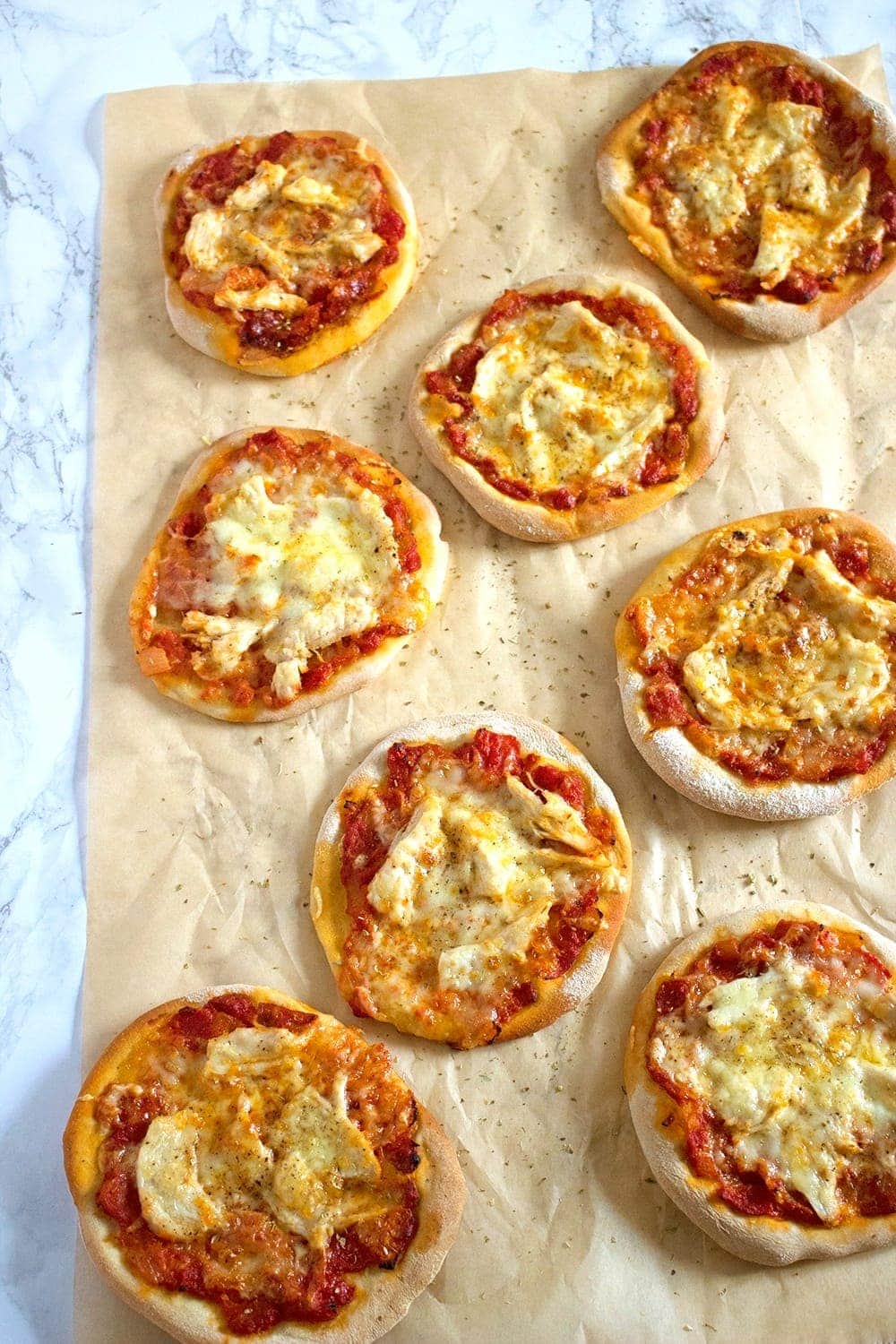 Try out these super cute mini pizzas. You could have chicken or pesto and mozzarella. Or even better, how about one of each?!