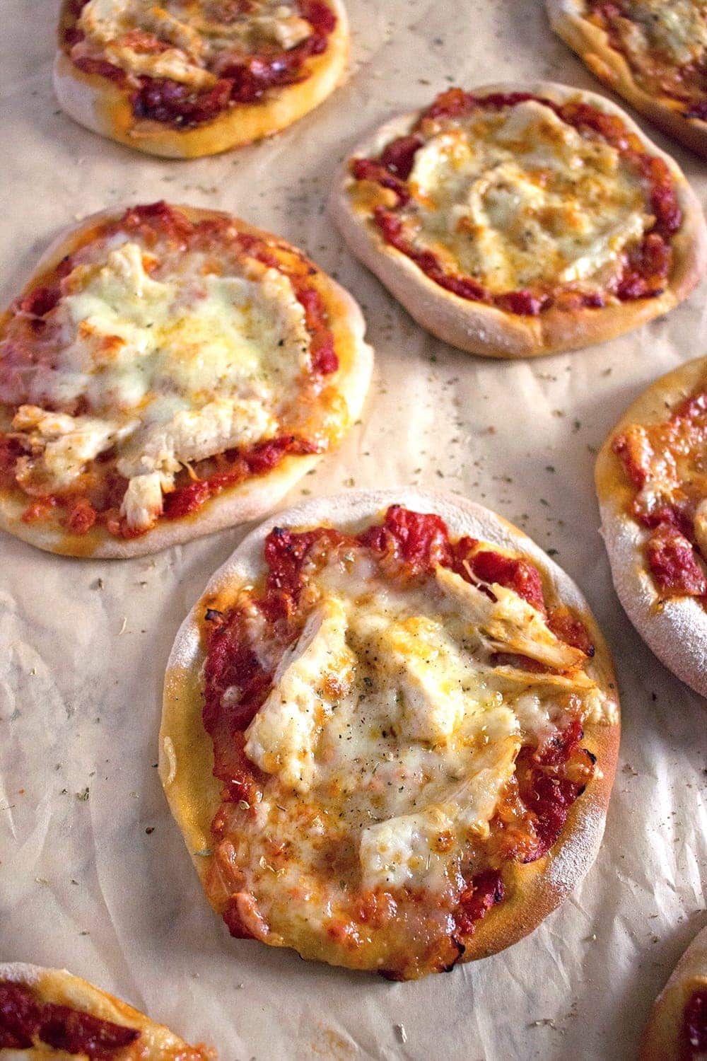 Try out these super cute mini pizzas. You could have chicken or pesto and mozzarella. Or even better, how about one of each?!