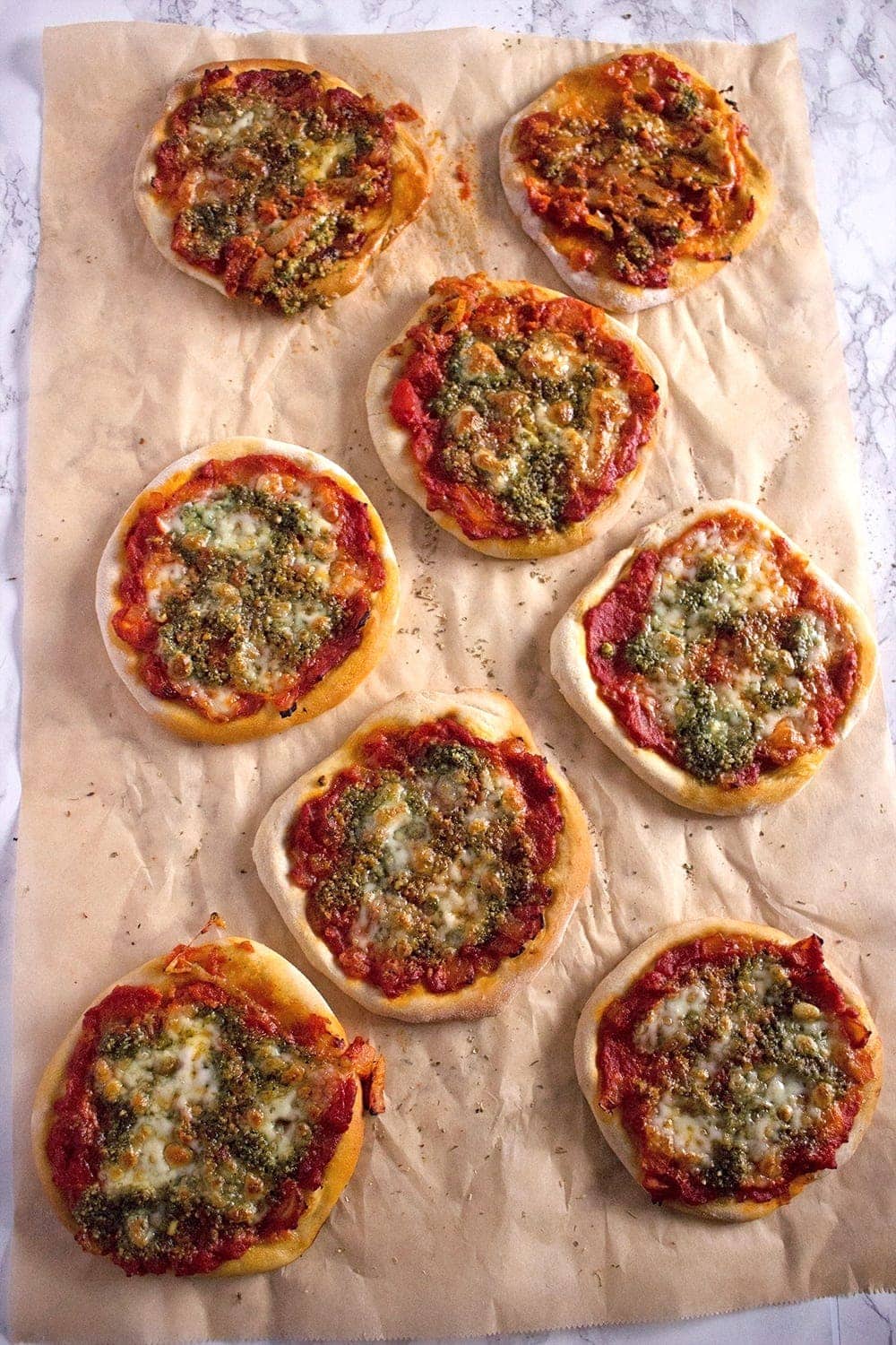 Try out these super cute mini pizzas. You could have chicken or pesto and mozzarella. Or even better, how about one of each?!