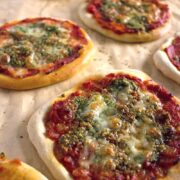 Try out these super cute mini pizzas. You could have chicken or pesto and mozzarella. Or even better, how about one of each?!