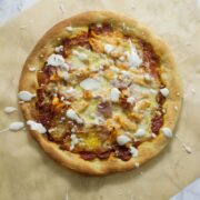 This sriracha chicken bacon ranch pizza is the perfect combination of spicy and salty with a hint of creamy ranch to finish things off!