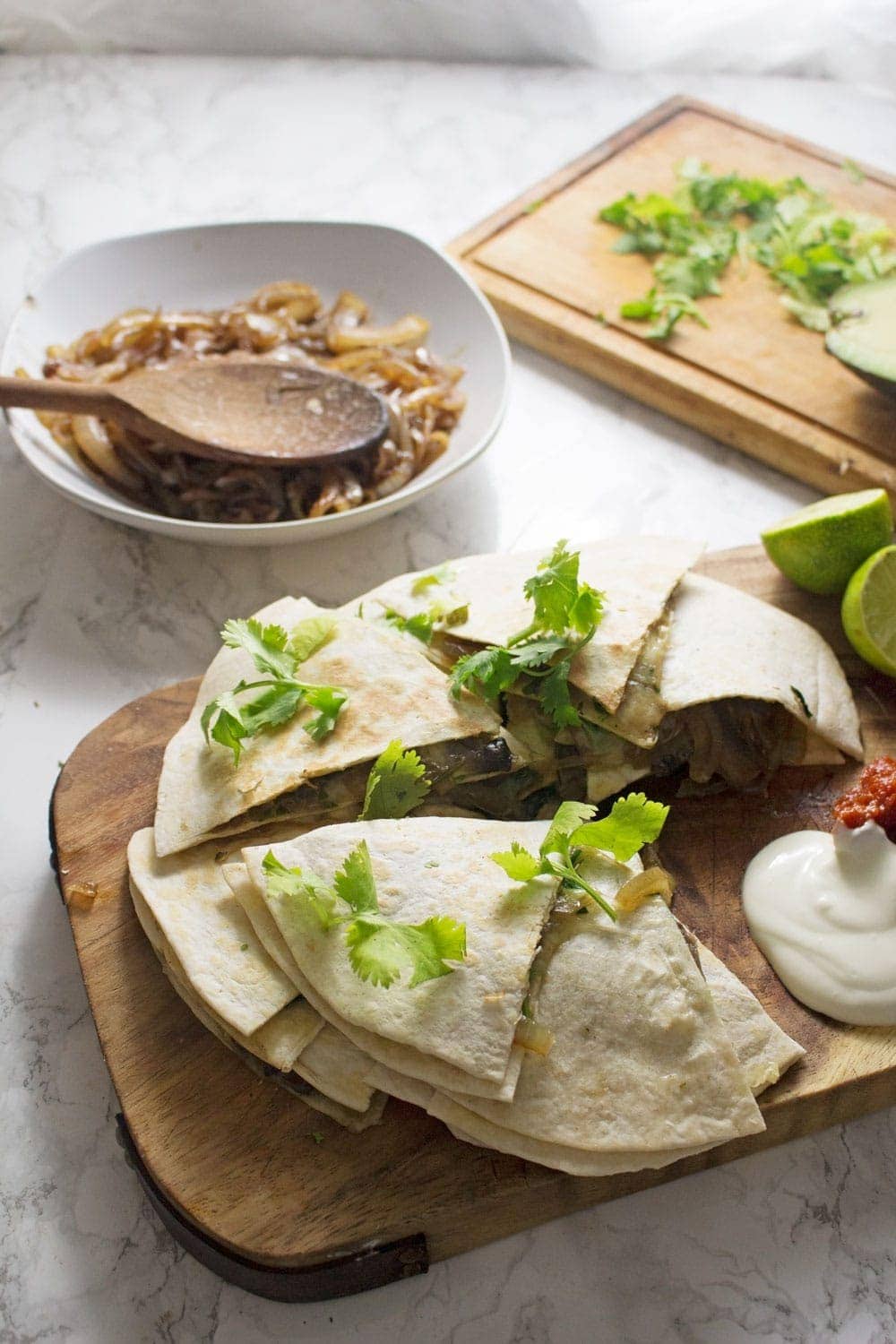 These portobello & caramelised onion quesadillas are the perfect vegetarian dinner when you're craving something full of Mexican flavour!