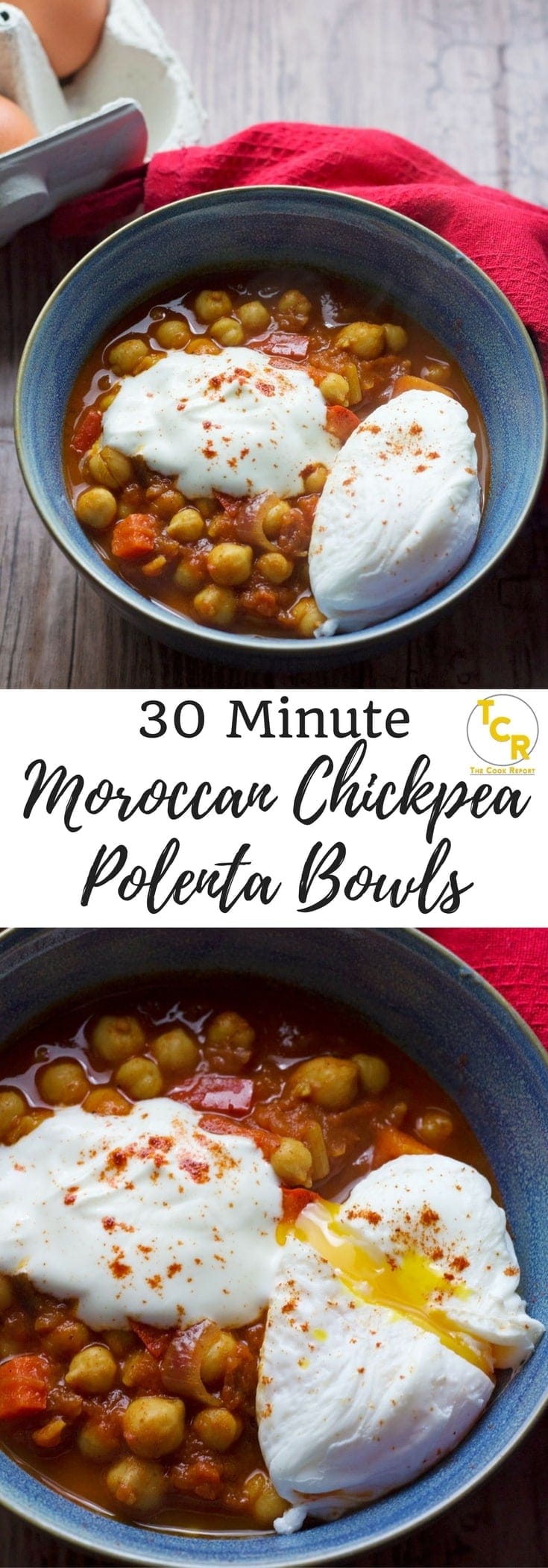 These 30 minute Moroccan chickpea polenta bowls are the perfect weeknight dinner! Smoky chickpeas and creamy polenta are perfect topped with a poached egg.