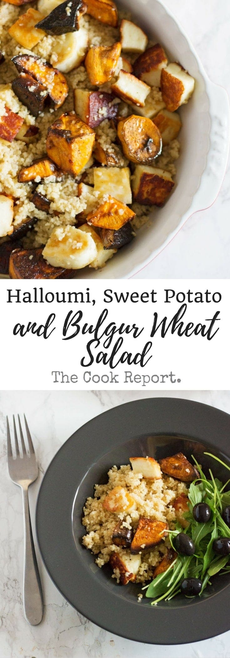 This vibrant halloumi, sweet potato and bulgur wheat salad is full of saltiness from the halloumi and olives and creamy sweetness from the sweet potato.