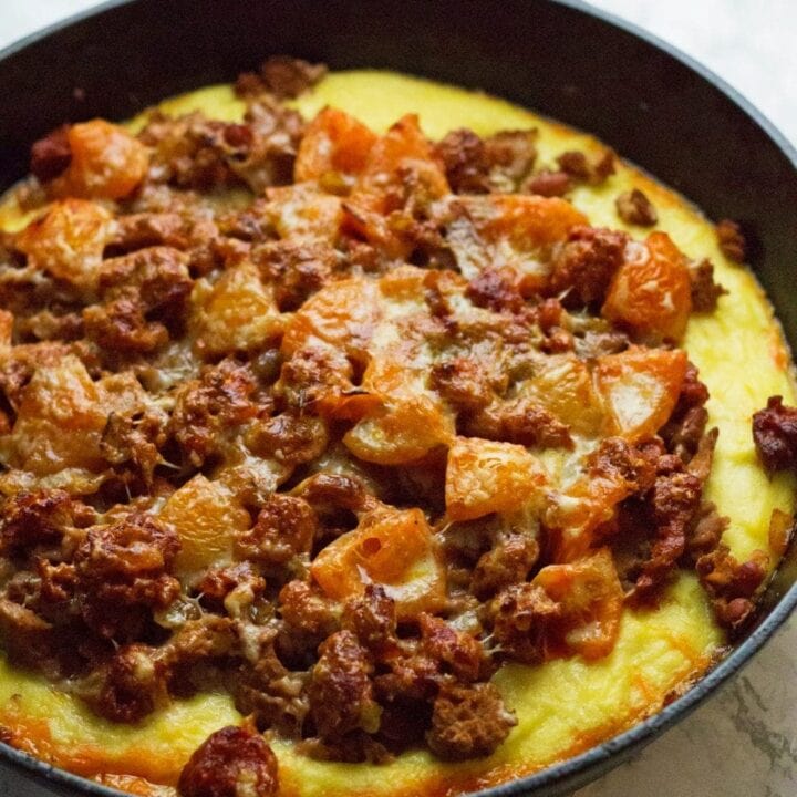 If you're looking for a great gluten free dinner that's on the table in half an hour then this chorizo polenta skillet is the perfect thing!