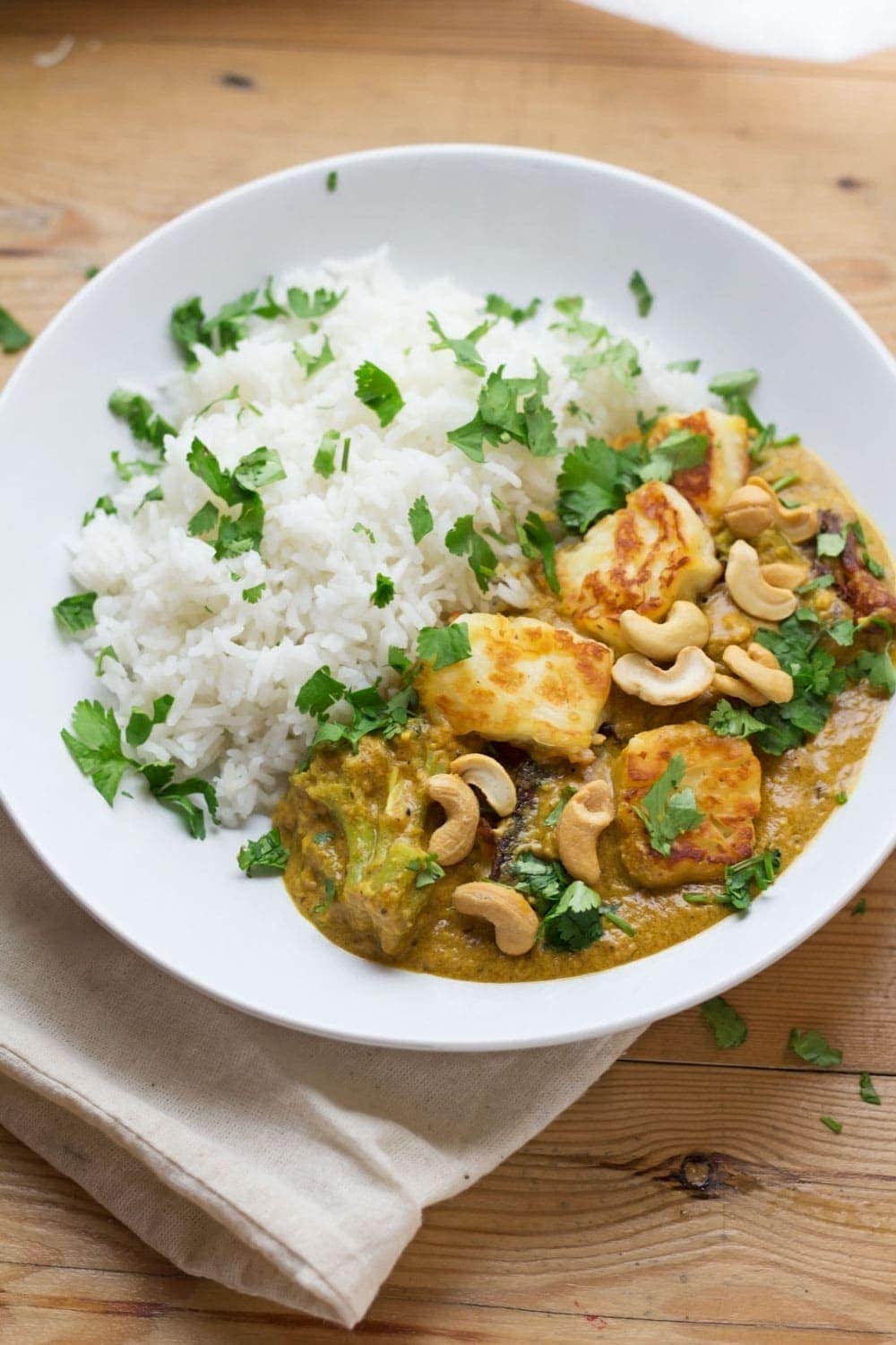 Using halloumi in this creamy cashew nut curry makes a tasty change from a traditional curry. Sprinkle with a handful of whole cashews for an extra crunch.