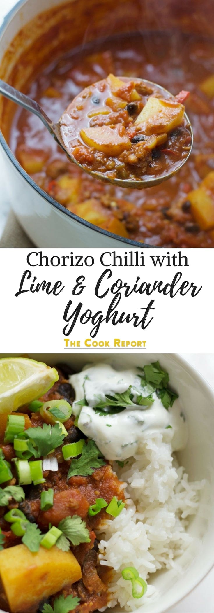 This chorizo chilli is a brilliant twist on a traditional chilli. The addition of potato makes it a hearty meal in its own right and the lime & coriander yoghurt cools the whole thing down perfectly.