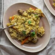 This leftover roast lamb pilaf is a great way to use up leftovers and you could easily substitute the lamb for any other cooked meat!