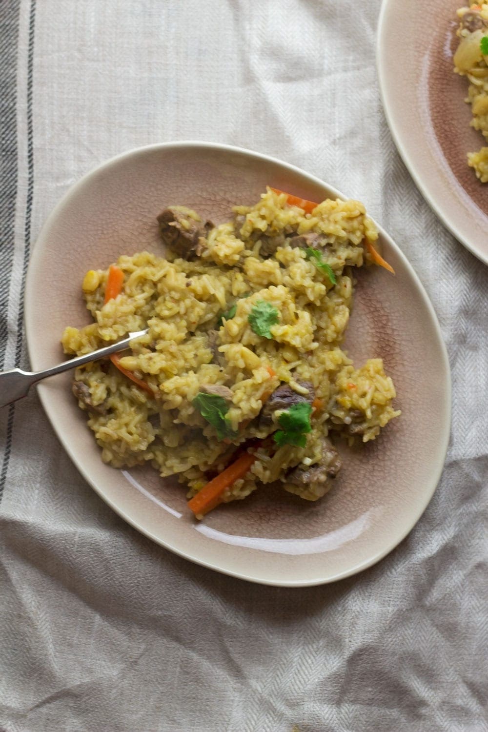 This leftover roast lamb pilaf is a great way to use up leftovers and you could easily substitute the lamb for any other cooked meat!