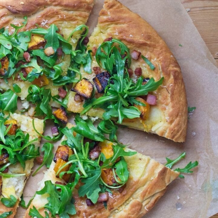 Roasted butternut squash & pancetta pizza is a tasty change from traditional pizza. The toppings are the perfect combination of sweet and salty!